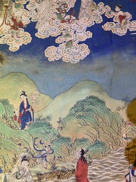 Chinese school, ink and color on canvas: 'Mountainous landscape with goddesses, mythical animals and boys', 19/20th C.